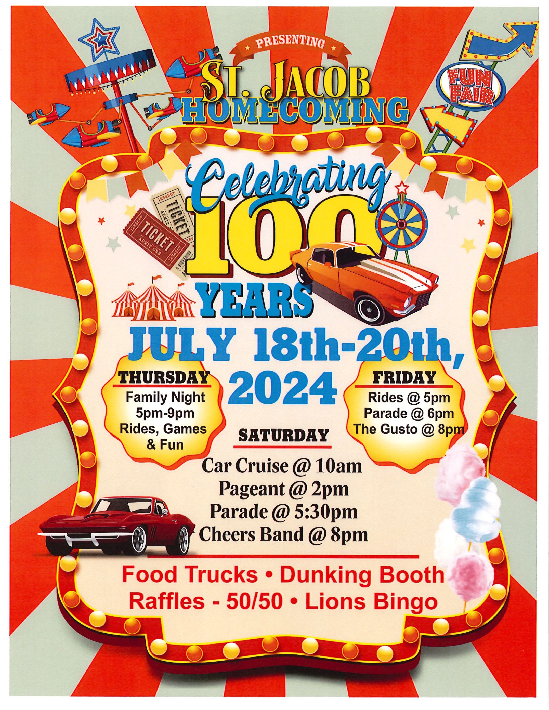 Celebrate in the Village of St. Jacob ILParadesBandsRidesFoodGamesBAGS Tournament.